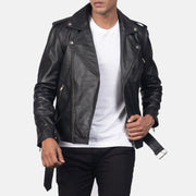 
Yksityiskohtainen lähikuva of Notch & Zipper & Waist belt Hardware on Allaric Alley Black Leather Biker Jacket