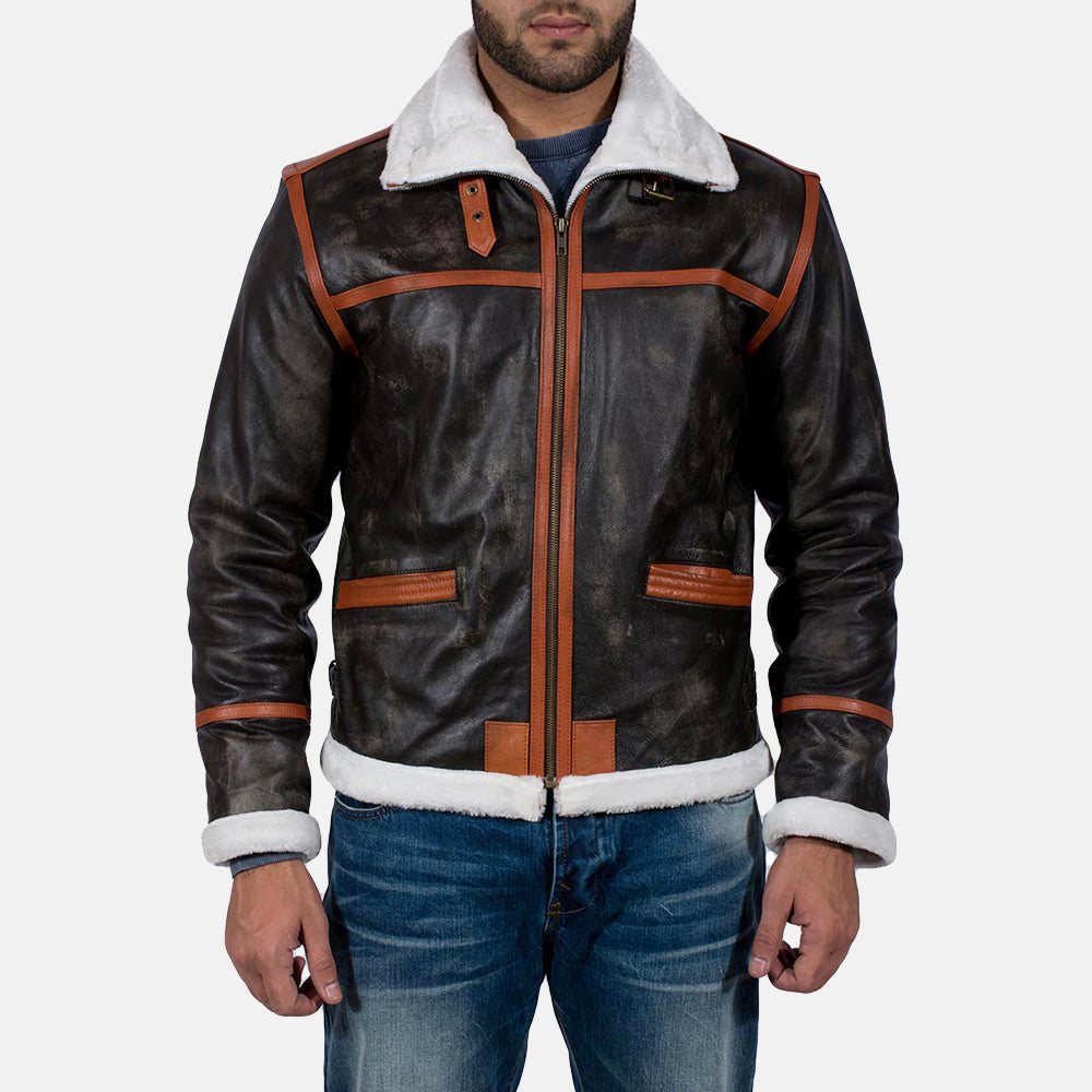 Men's Alpine Ruskea Fur Nahkatakki Miehille in Distressed Brown Goatskin Leather - Front Profile View &amp; Tailored Silhouette | Buy Online