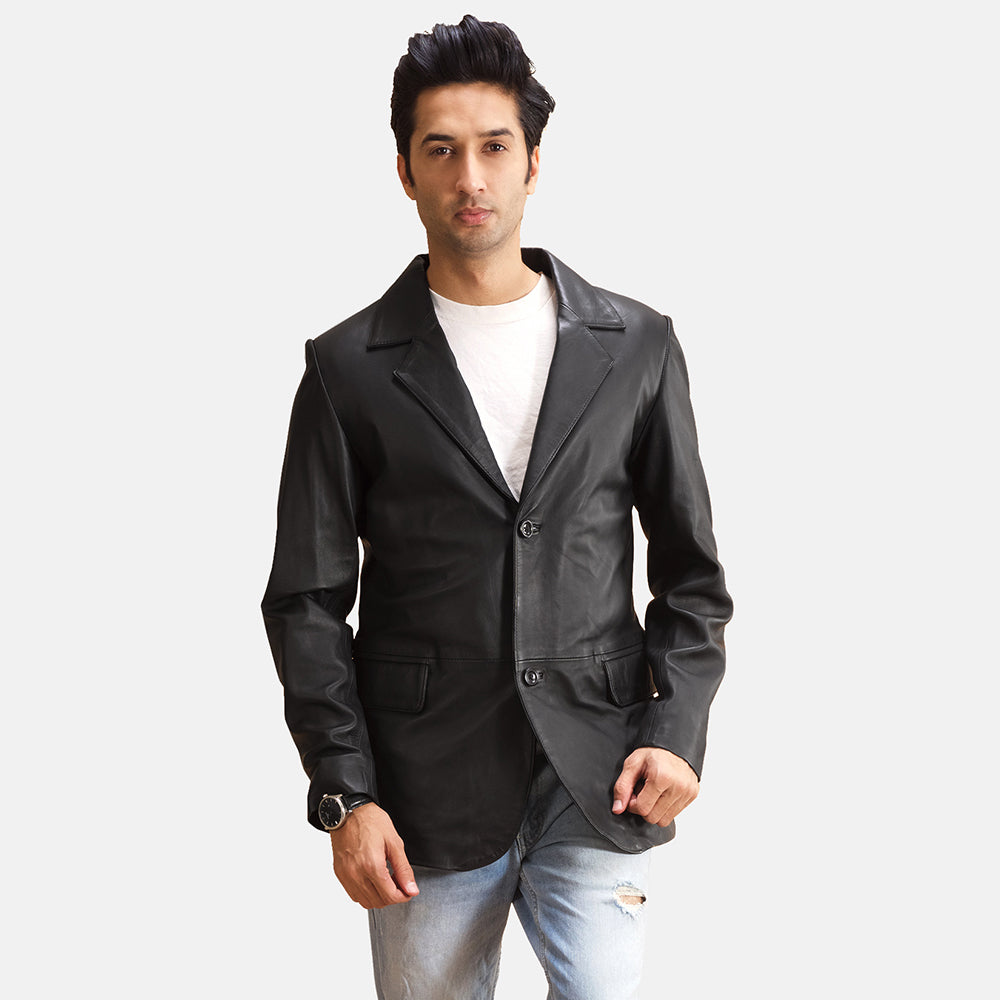 Alyson Musta Nahkainen Bleiseri Miehille in Black Sheepskin Leather - Front Profile View &amp; Tailored Silhouette | Buy Online