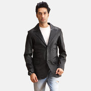 Alyson Musta Nahkainen Bleiseri Miehille in Black Sheepskin Leather - Front Profile View &amp; Tailored Silhouette | Buy Online