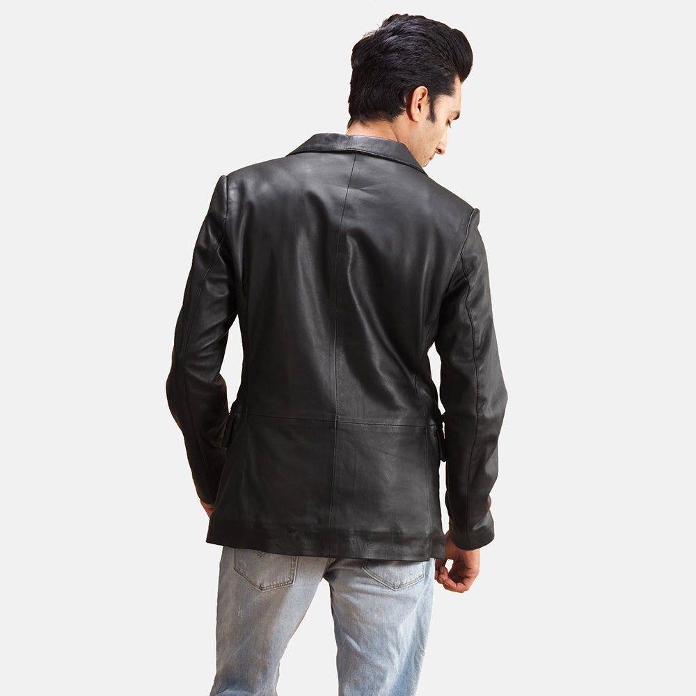 Close-Up Detail of Notch & Button Hardware on Alyson Black Leather Blazer