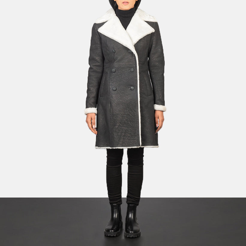 Amie Musta Double-Breasted Shearling Nahkatakki Pitkä Naisille