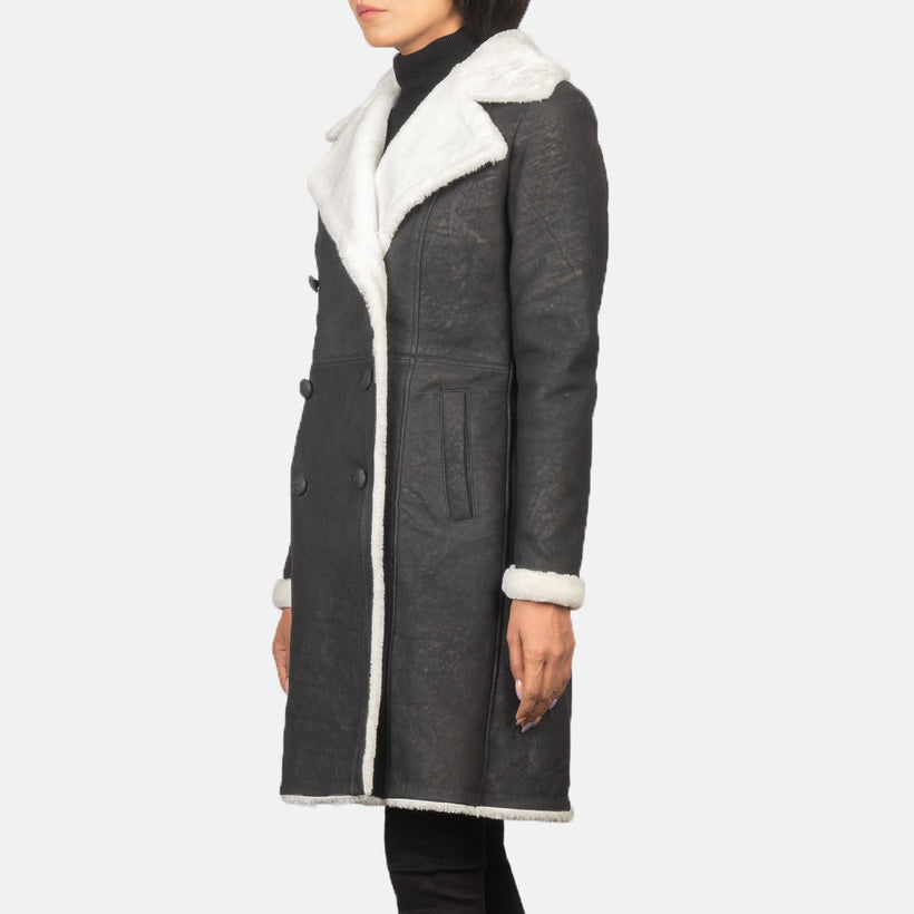 Amie Musta Double-Breasted Shearling Nahkatakki Pitkä Naisille
