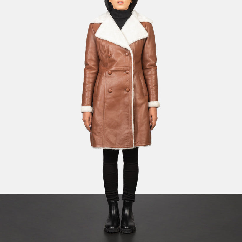 Amie Ruskea Double-Breasted Shearling Nahkatakki Pitkä Naisille