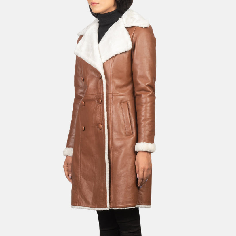 Amie Ruskea Double-Breasted Shearling Nahkatakki Pitkä Naisille