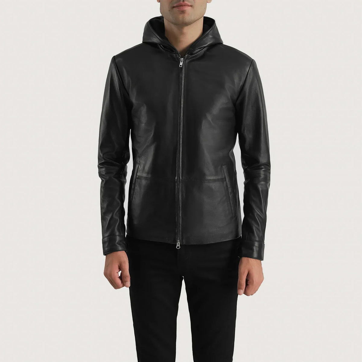 Men's Andy Matte Musta Hooded Nahkatakki Miehille in Matte Black Sheepskin Leather - Front Profile View &amp; Tailored Silhouette | Buy Online