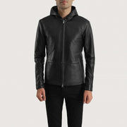 Men's Andy Matte Musta Hooded Nahkatakki Miehille in Matte Black Sheepskin Leather - Front Profile View &amp; Tailored Silhouette | Buy Online