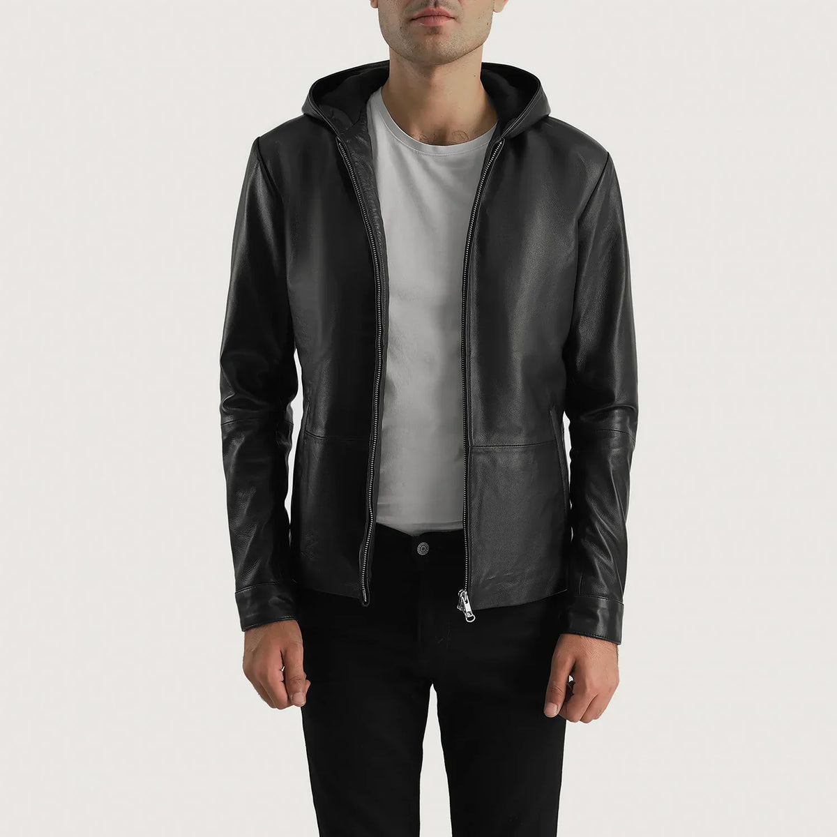 Men's Andy Matte Musta Hooded Nahkatakki Miehille - Lateral Side Profile View Showing Sleeve Cut &amp; Athletic Taper Fit