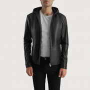 Men's Andy Matte Musta Hooded Nahkatakki Miehille - Lateral Side Profile View Showing Sleeve Cut &amp; Athletic Taper Fit