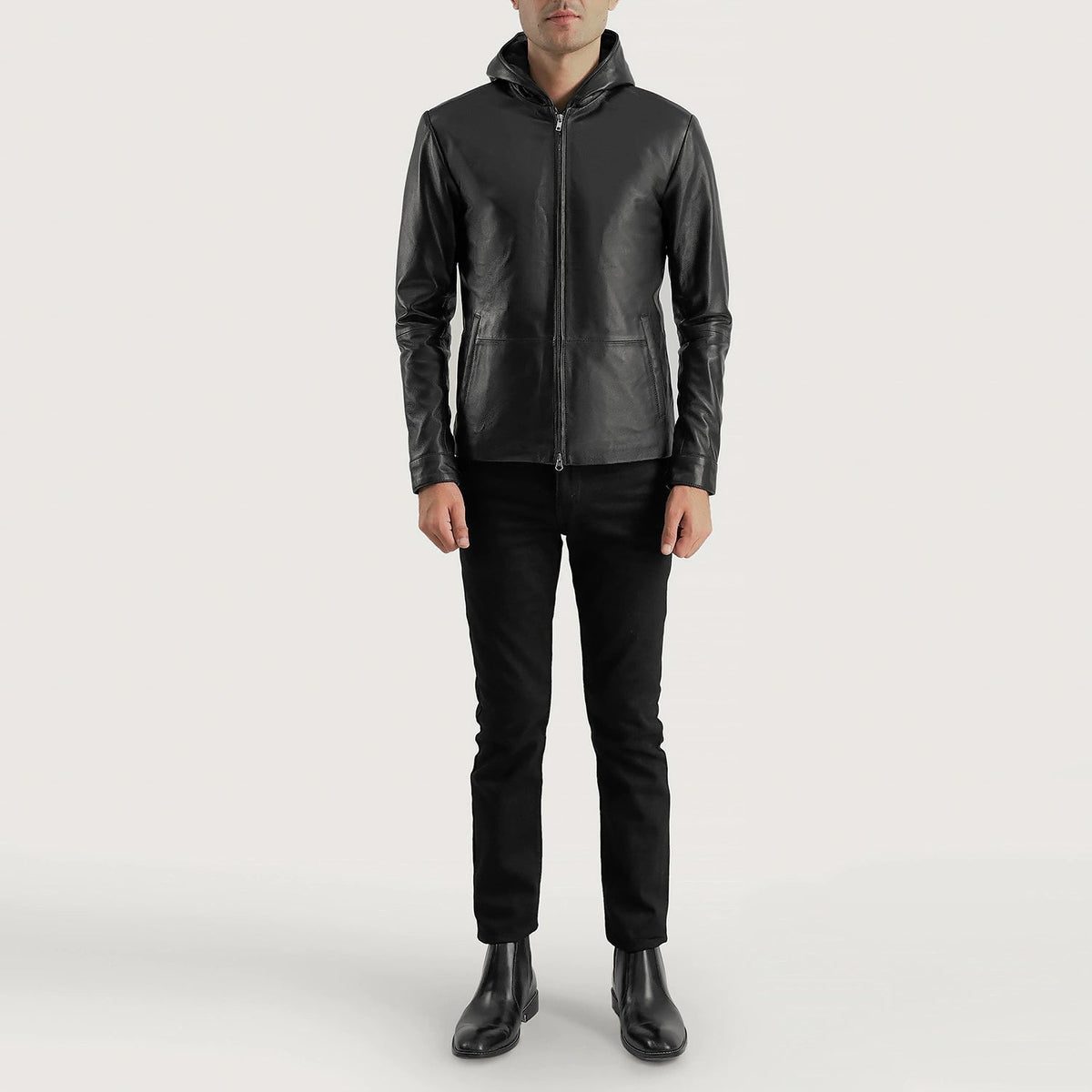 Close-Up Detail of Hooded &amp; Zipper Hardware on Men's Andy Matte Musta Hooded Nahkatakki Miehille