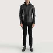 Close-Up Detail of Hooded &amp; Zipper Hardware on Men's Andy Matte Musta Hooded Nahkatakki Miehille