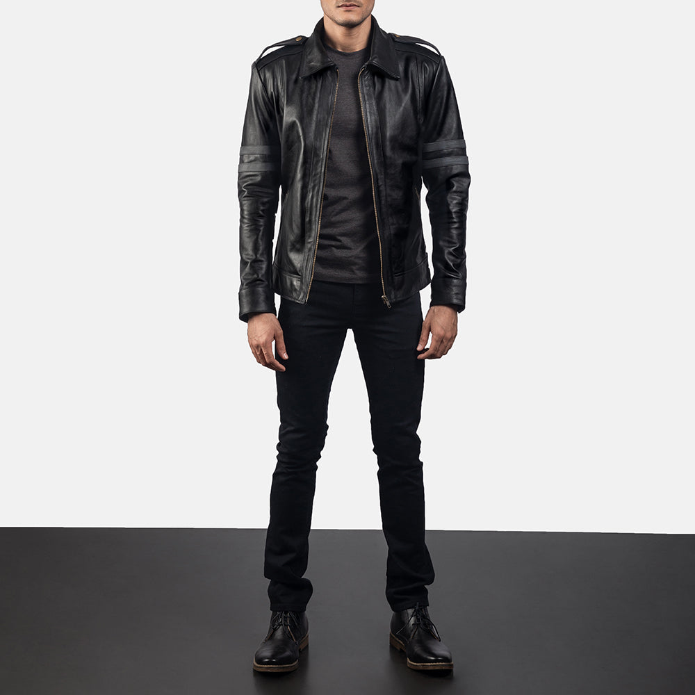 Armstrong Musta Nahkainen Biker-takki Miehille - Lateral Side Profile View Showing Sleeve Cut &amp; Athletic Taper Fit