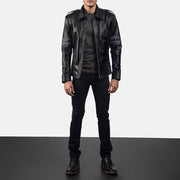 Armstrong Musta Nahkainen Biker-takki Miehille - Lateral Side Profile View Showing Sleeve Cut &amp; Athletic Taper Fit