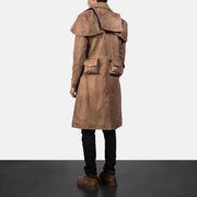 
Army Ruskea Leather Duster Miehille - Sivuprofiili ergonomisella hihanleikkauksella