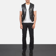 Men's Auden Musta Nahkaliivi Miehille - Lateral Side Profile View Showing Sleeve Cut &amp; Athletic Taper Fit