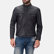 Austere Matte Musta Nahkainen Biker-takki Miehille in Black Calfskin Matte - Front Profile View &amp; Tailored Silhouette | Buy Online