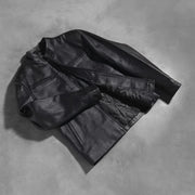 Styled Fit Perspective of Austere Matte Musta Nahkainen Biker-takki Miehille on Model - Natural Daylight Drape