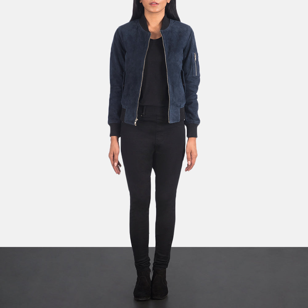 Women's Ava Ma-1 Blue Suede Bomber Jacket - Lateral Side Profile View Showing Sleeve Cut &amp; Athletic Taper Fit