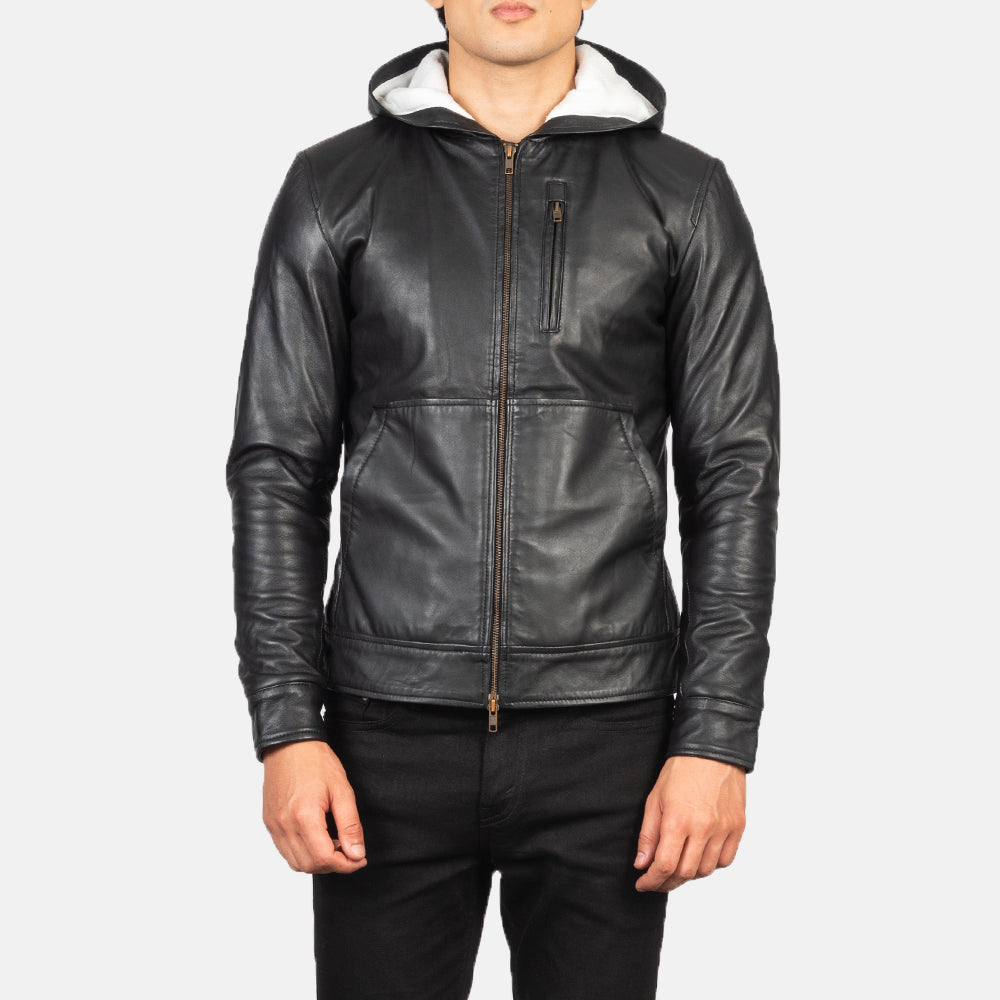 
Yksityiskohtainen lähikuva of Hooded & Zipper Hardware on Baston Black Hooded Leather Bomber Jacket