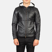 
Yksityiskohtainen lähikuva of Hooded & Zipper Hardware on Baston Black Hooded Leather Bomber Jacket