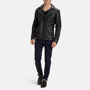 Men's Musta Studded Nahkainen Biker-takki Miehille - Lateral Side Profile View Showing Sleeve Cut &amp; Athletic Taper Fit