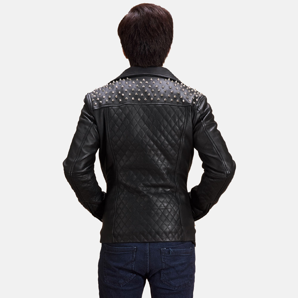 Close-Up Detail of Notch &amp; Zipper Hardware on Men's Musta Studded Nahkainen Biker-takki Miehille