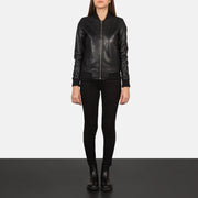 Women's Bliss Musta Nahkainen Pommitakki Naisille - Lateral Side Profile View Showing Sleeve Cut &amp; Athletic Taper Fit