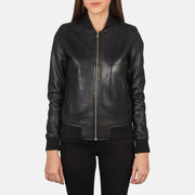 Close-Up Detail of Varsity - Rib Knit &amp; Zipper with Wind Flap Hardware on Women's Bliss Musta Nahkainen Pommitakki Naisille