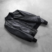 Styled Fit Perspective of Women's Bliss Musta Nahkainen Pommitakki Naisille on Model - Natural Daylight Drape