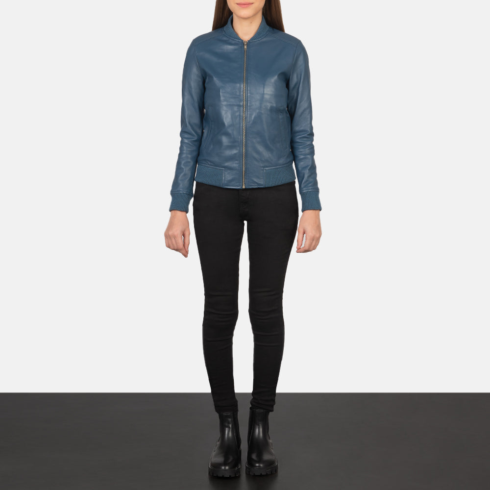 Women's Bliss Blue Nahkainen Pommitakki Naisille - Lateral Side Profile View Showing Sleeve Cut &amp; Athletic Taper Fit