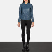 Women's Bliss Blue Nahkainen Pommitakki Naisille - Lateral Side Profile View Showing Sleeve Cut &amp; Athletic Taper Fit