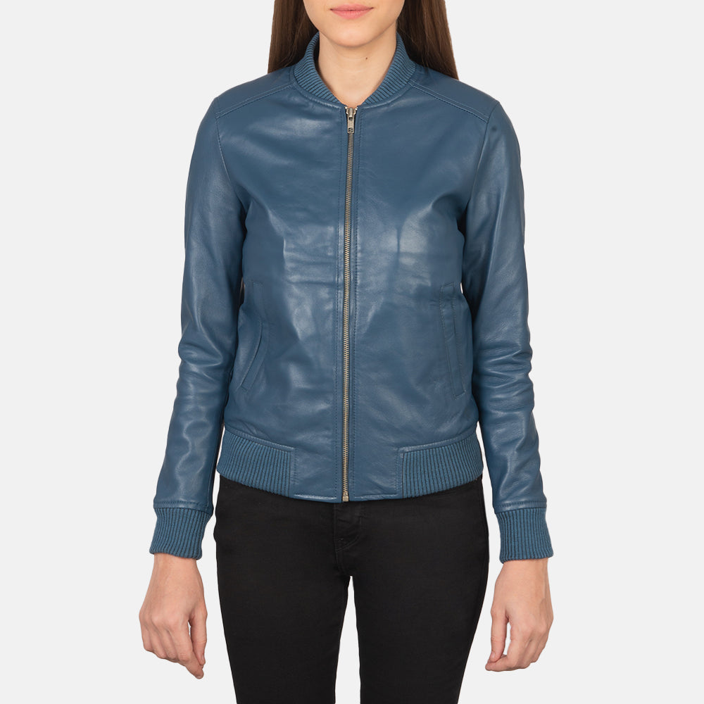 Close-Up Detail of Varsity - Rib Knit &amp; Zipper with Wind Flap Hardware on Women's Bliss Blue Nahkainen Pommitakki Naisille