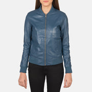 Close-Up Detail of Varsity - Rib Knit &amp; Zipper with Wind Flap Hardware on Women's Bliss Blue Nahkainen Pommitakki Naisille