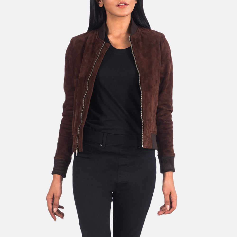Women's Bliss Ruskea Suede Nahkainen Pommitakki Naisille in Brown Goatskin Suede - Front Profile View &amp; Tailored Silhouette | Buy Online