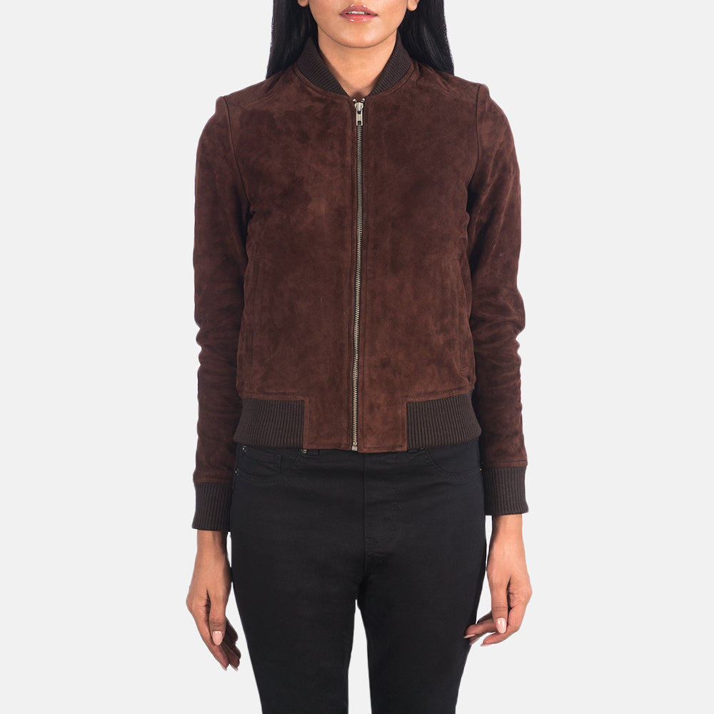 Close-Up Detail of Varsity - Rib Knit &amp; Zipper with Wind Flap Hardware on Women's Bliss Ruskea Suede Nahkainen Pommitakki Naisille