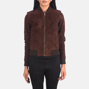 Close-Up Detail of Varsity - Rib Knit &amp; Zipper with Wind Flap Hardware on Women's Bliss Ruskea Suede Nahkainen Pommitakki Naisille