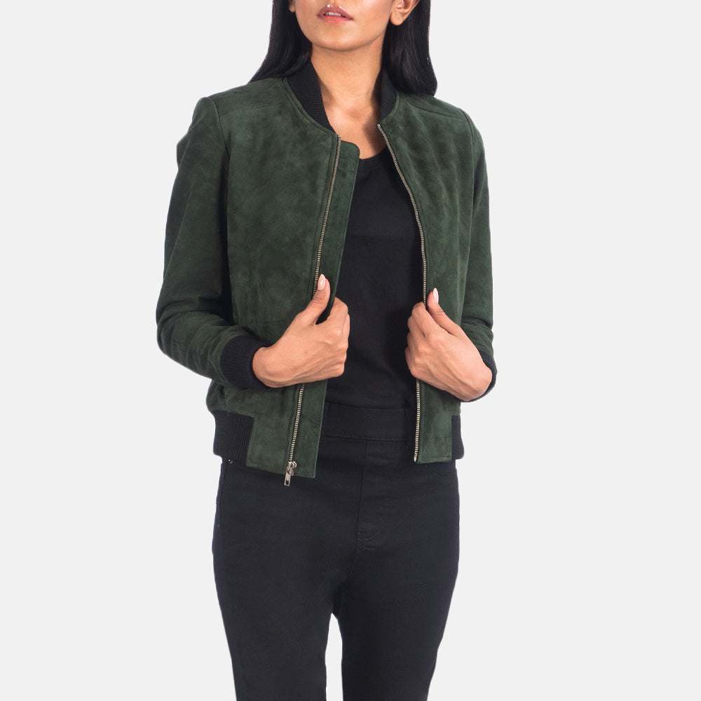 Women's Bliss Green Suede Nahkainen Pommitakki Naisille in Green Goatskin Suede - Front Profile View &amp; Tailored Silhouette | Buy Online