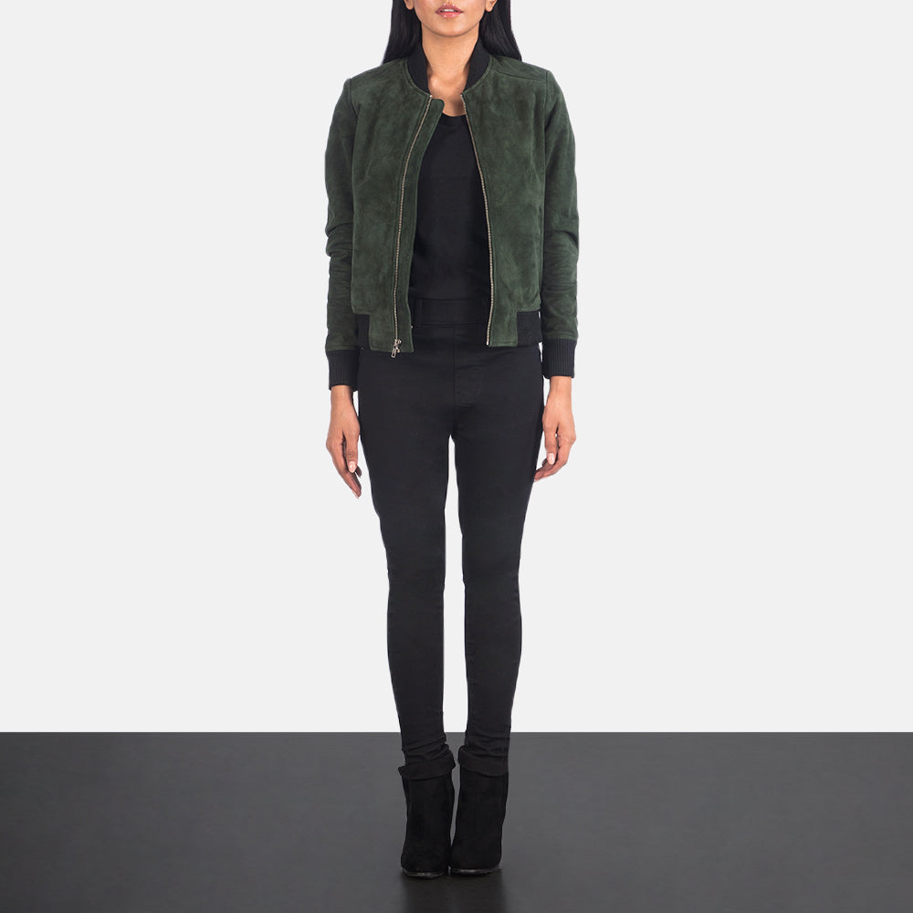 Women's Bliss Green Suede Nahkainen Pommitakki Naisille - Lateral Side Profile View Showing Sleeve Cut &amp; Athletic Taper Fit