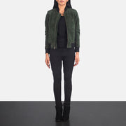 Women's Bliss Green Suede Nahkainen Pommitakki Naisille - Lateral Side Profile View Showing Sleeve Cut &amp; Athletic Taper Fit