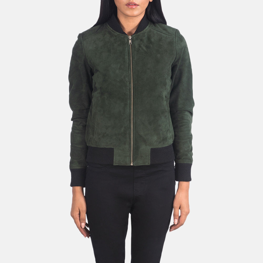 Close-Up Detail of Varsity - Rib Knit &amp; Zipper with Wind Flap Hardware on Women's Bliss Green Suede Nahkainen Pommitakki Naisille