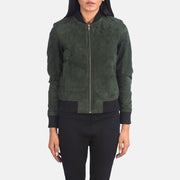 Close-Up Detail of Varsity - Rib Knit &amp; Zipper with Wind Flap Hardware on Women's Bliss Green Suede Nahkainen Pommitakki Naisille