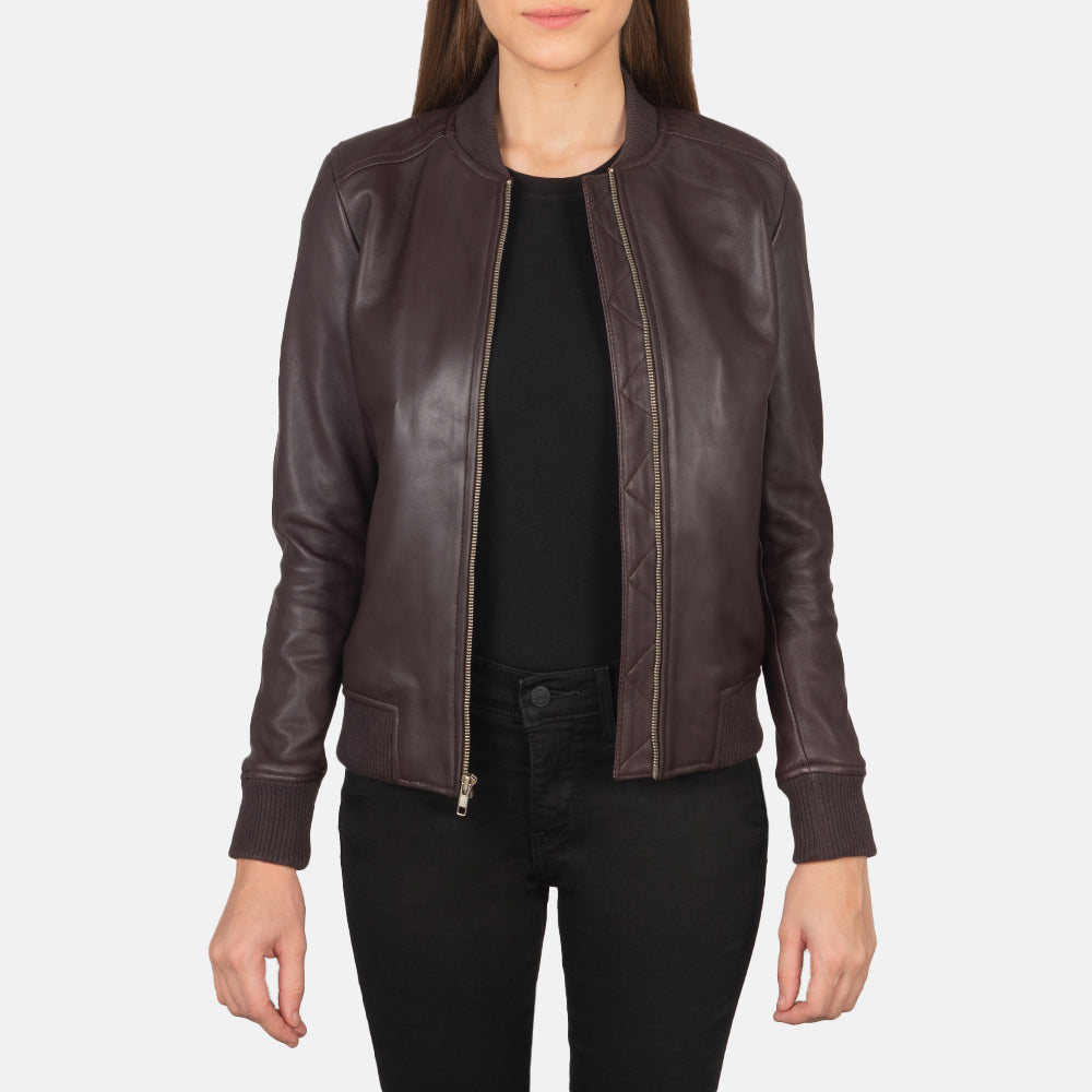 Women's Bliss Viininpunainen Nahkainen Pommitakki Naisille in Maroon Sheepskin Leather - Front Profile View &amp; Tailored Silhouette | Buy Online