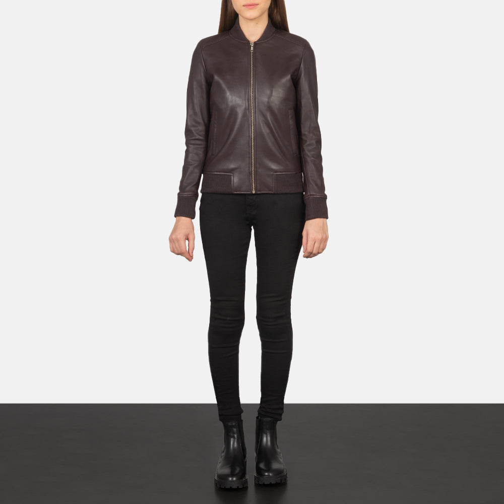 Women's Bliss Viininpunainen Nahkainen Pommitakki Naisille - Lateral Side Profile View Showing Sleeve Cut &amp; Athletic Taper Fit
