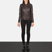 Women's Bliss Viininpunainen Nahkainen Pommitakki Naisille - Lateral Side Profile View Showing Sleeve Cut &amp; Athletic Taper Fit