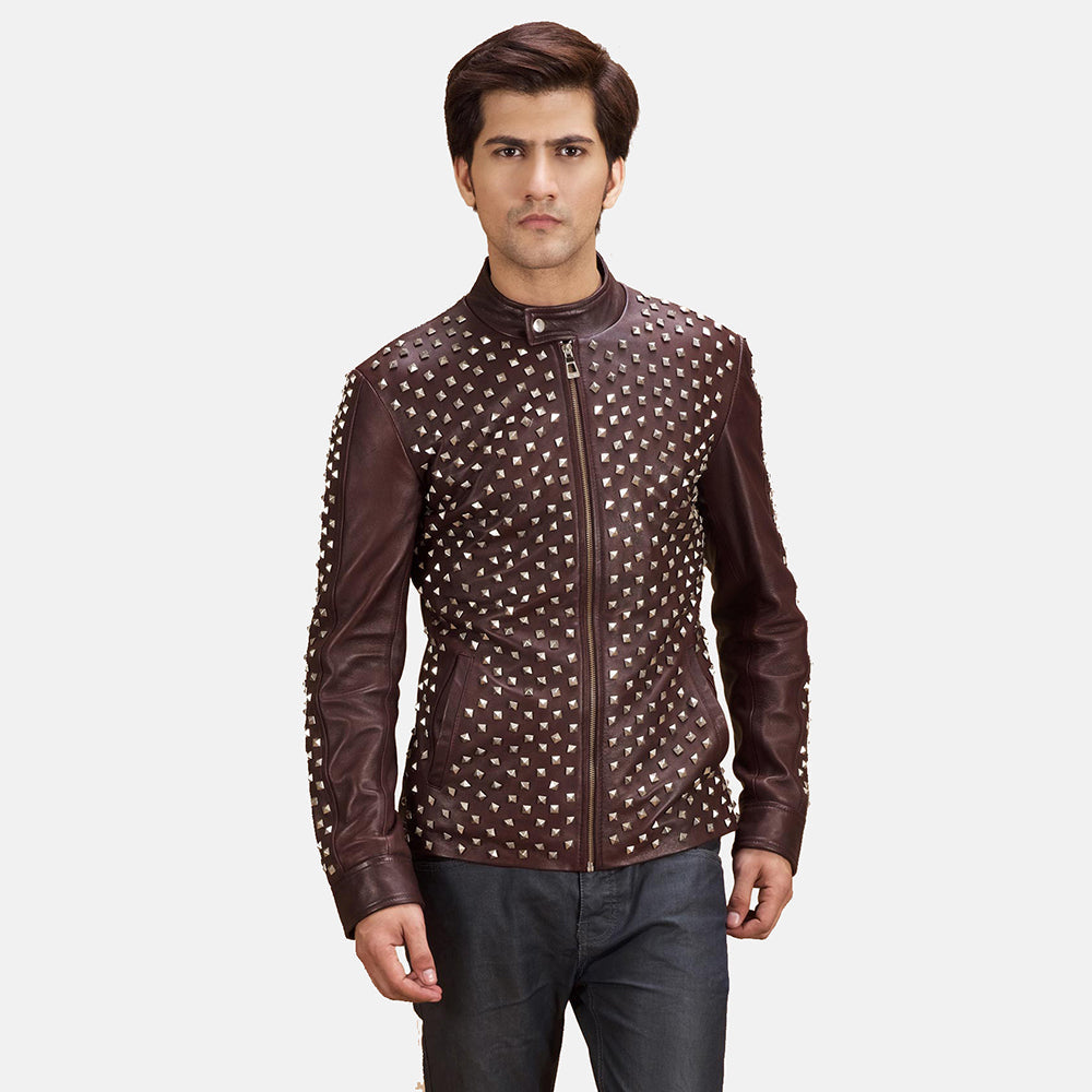 Blix Bono Maroon Nahkainen Biker-takki Miehille in Maroon Sheepskin Leather - Front Profile View &amp; Tailored Silhouette | Buy Online