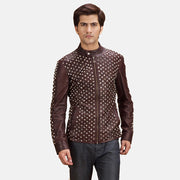 Blix Bono Maroon Nahkainen Biker-takki Miehille in Maroon Sheepskin Leather - Front Profile View &amp; Tailored Silhouette | Buy Online