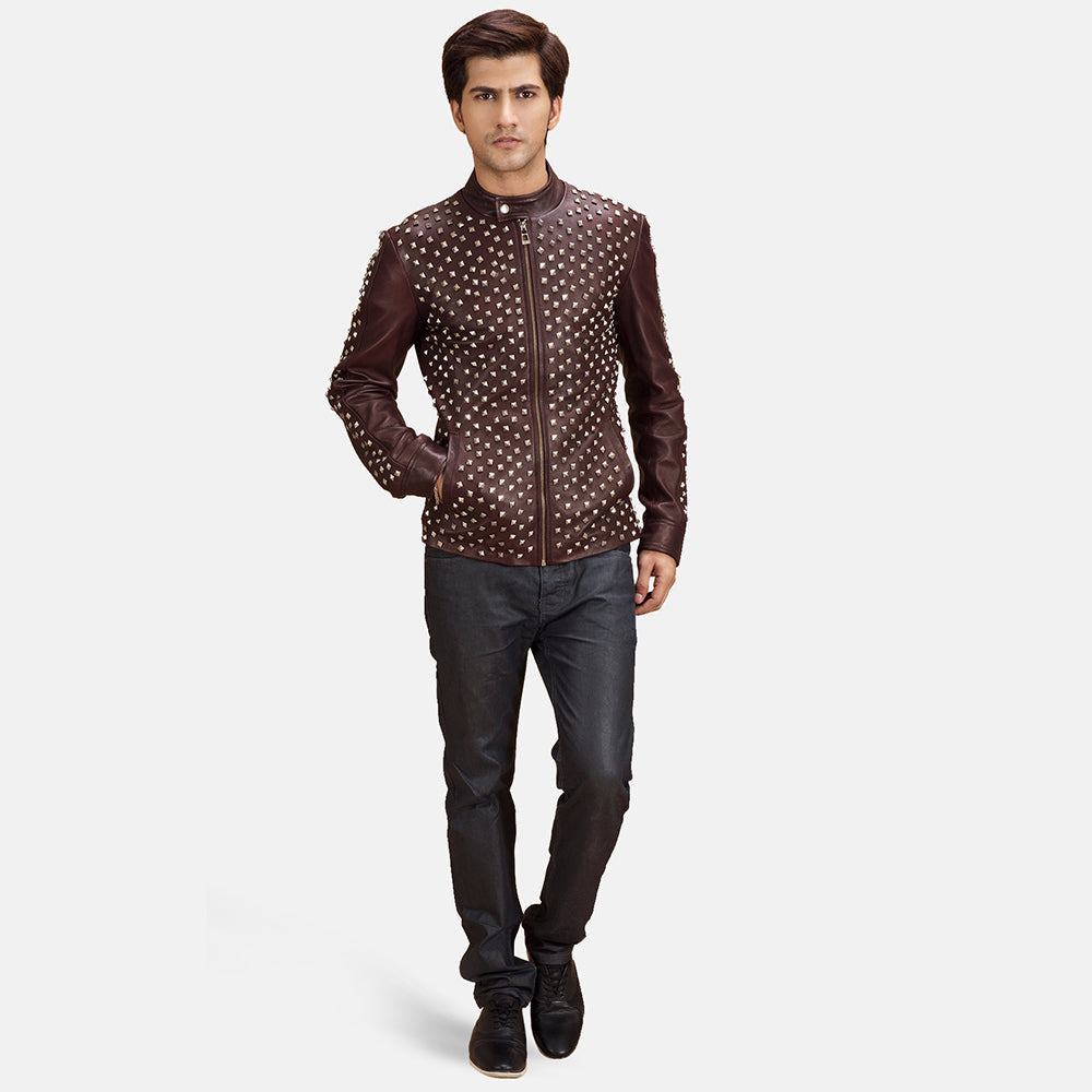 Blix Bono Maroon Nahkainen Biker-takki Miehille - Lateral Side Profile View Showing Sleeve Cut &amp; Athletic Taper Fit