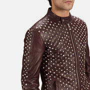 Close-Up Detail of Band with snap button &amp; Zipper Hardware on Blix Bono Maroon Nahkainen Biker-takki Miehille