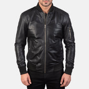 
Yksityiskohtainen lähikuva of Rib Knit & Zipper Hardware on Bomia Ma-1 Black Leather Bomber Jacket