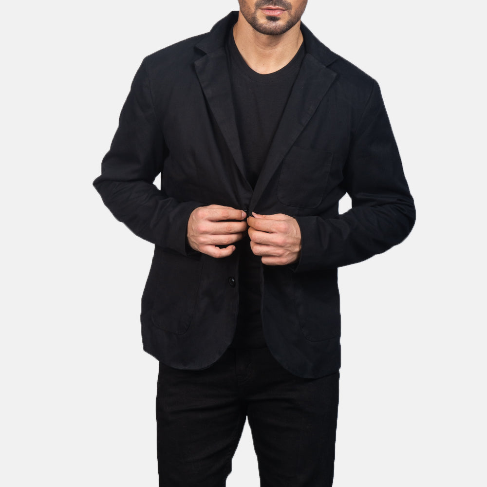 Borges Musta Nahkainen Bleiseri Miehille in Black Poly-Cotton - Front Profile View &amp; Tailored Silhouette | Buy Online